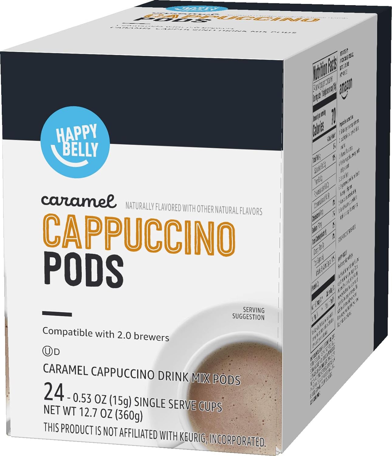 Amazon Brand - Happy Belly Cappuccino Coffee Pods Compatible With K Cup Brewers, Light Roast, Caramel Flavored, 24 Count, 12.72 ounce (Pack of 1)