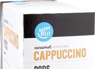 amazon brand happy belly cappuccino coffee pods compatible with k cup brewers light roast caramel flavored 24 count 1272