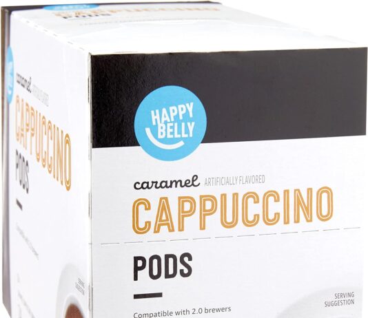 amazon brand happy belly cappuccino coffee pods compatible with k cup brewers light roast caramel flavored 24 count 1272