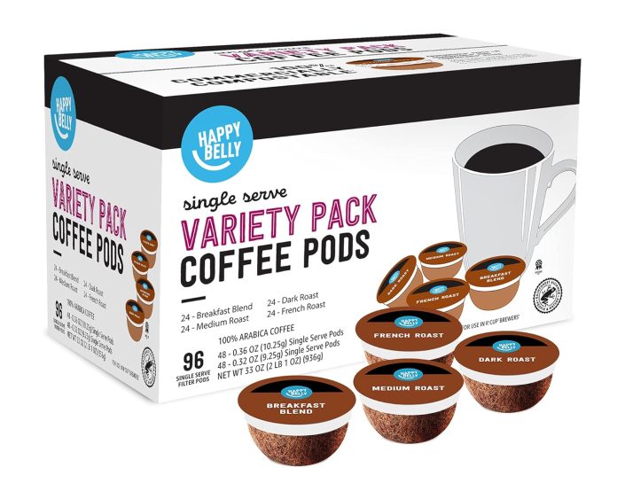 amazon brand happy belly variety pack coffee pods compatible with k cup brewer breakfast blend dark medium french roast