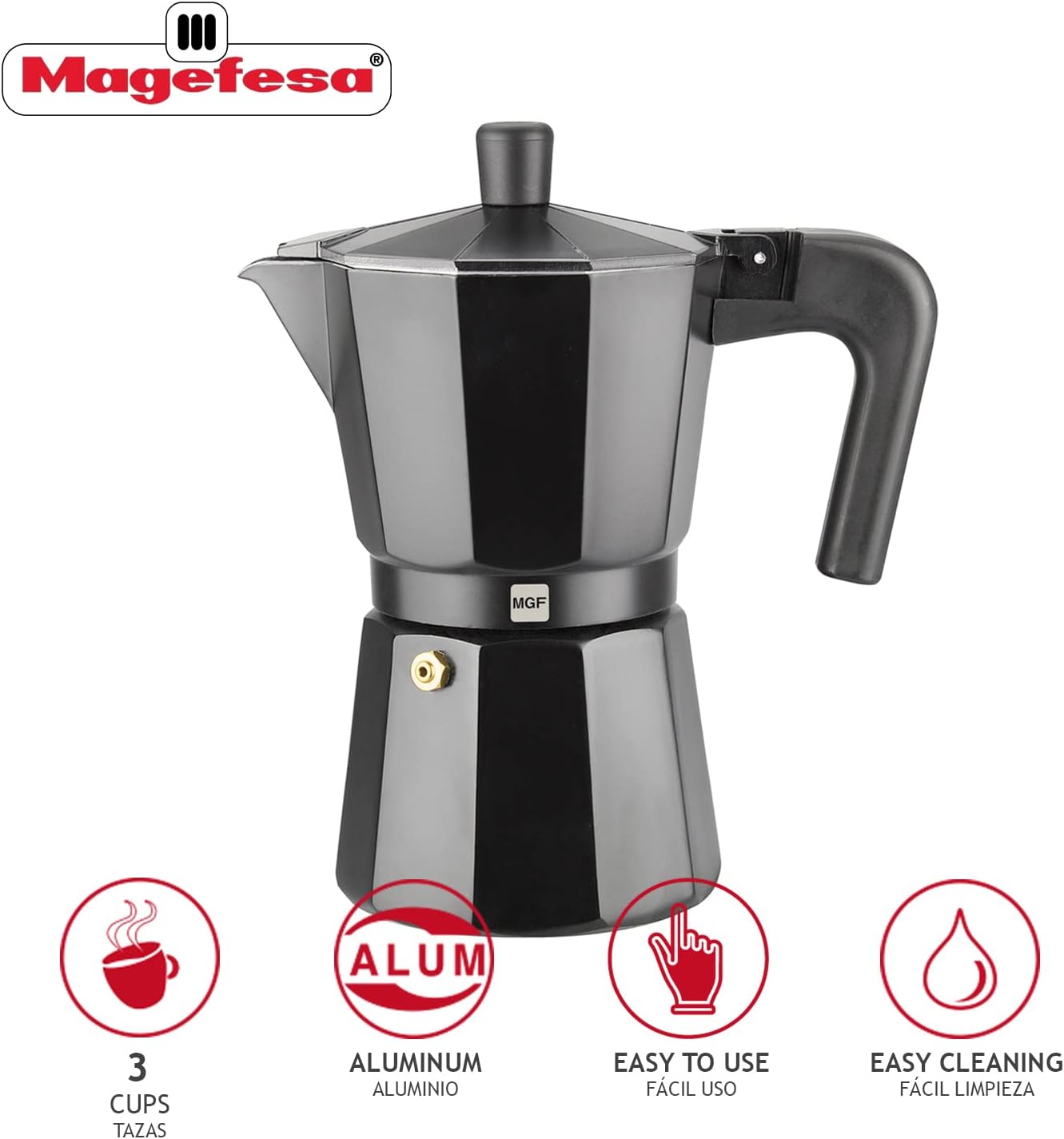 MAGEFESA ® Kenia Noir Stovetop Espresso Coffee Maker, 3 cups / 5 oz, make your own home italian coffee with this moka pot cuban cooffe, made in black enamelled aluminum, safe and easy to use, café