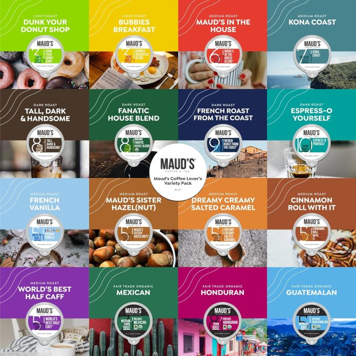 mauds original flavored coffee pods variety pack 80 ct 9 assorted coffee flavors 100 arabica roasted coffee solar energy