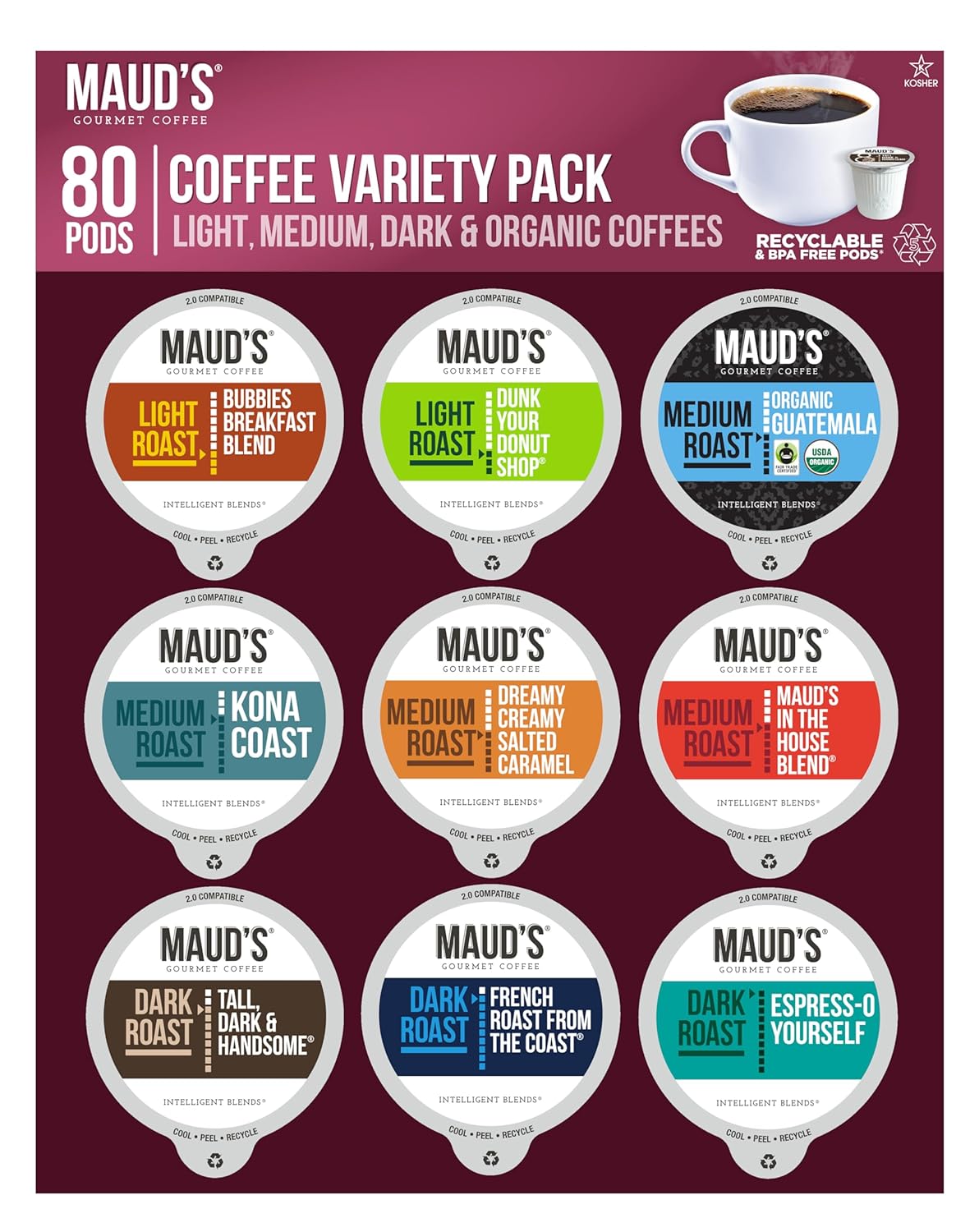 Mauds Original Flavored Coffee Pods Variety Pack, 80 ct | 9 Assorted Coffee Flavors | 100% Arabica Roasted Coffee | Solar Energy Produced Recyclable Pods Compatible with Keurig K Cups Maker
