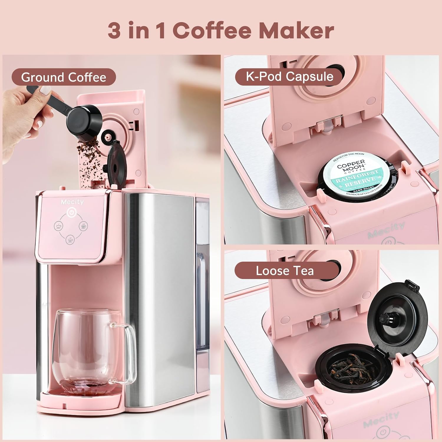Mecity Pink Coffee Maker 3-in-1 Single Serve Coffee Machine, For Flat Bottom Coffee Capsule, Ground Coffee, 6 to 10 Ounce Cup, Removable 50 Oz Water Reservoir, 120V 1150W