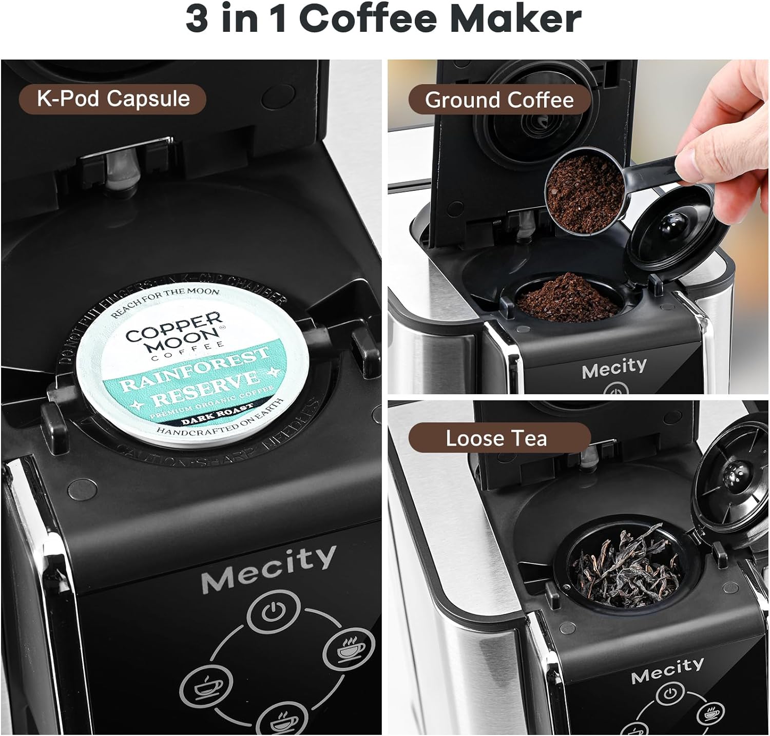Mecity Pink Coffee Maker 3-in-1 Single Serve Coffee Machine, For Flat Bottom Coffee Capsule, Ground Coffee, 6 to 10 Ounce Cup, Removable 50 Oz Water Reservoir, 120V 1150W