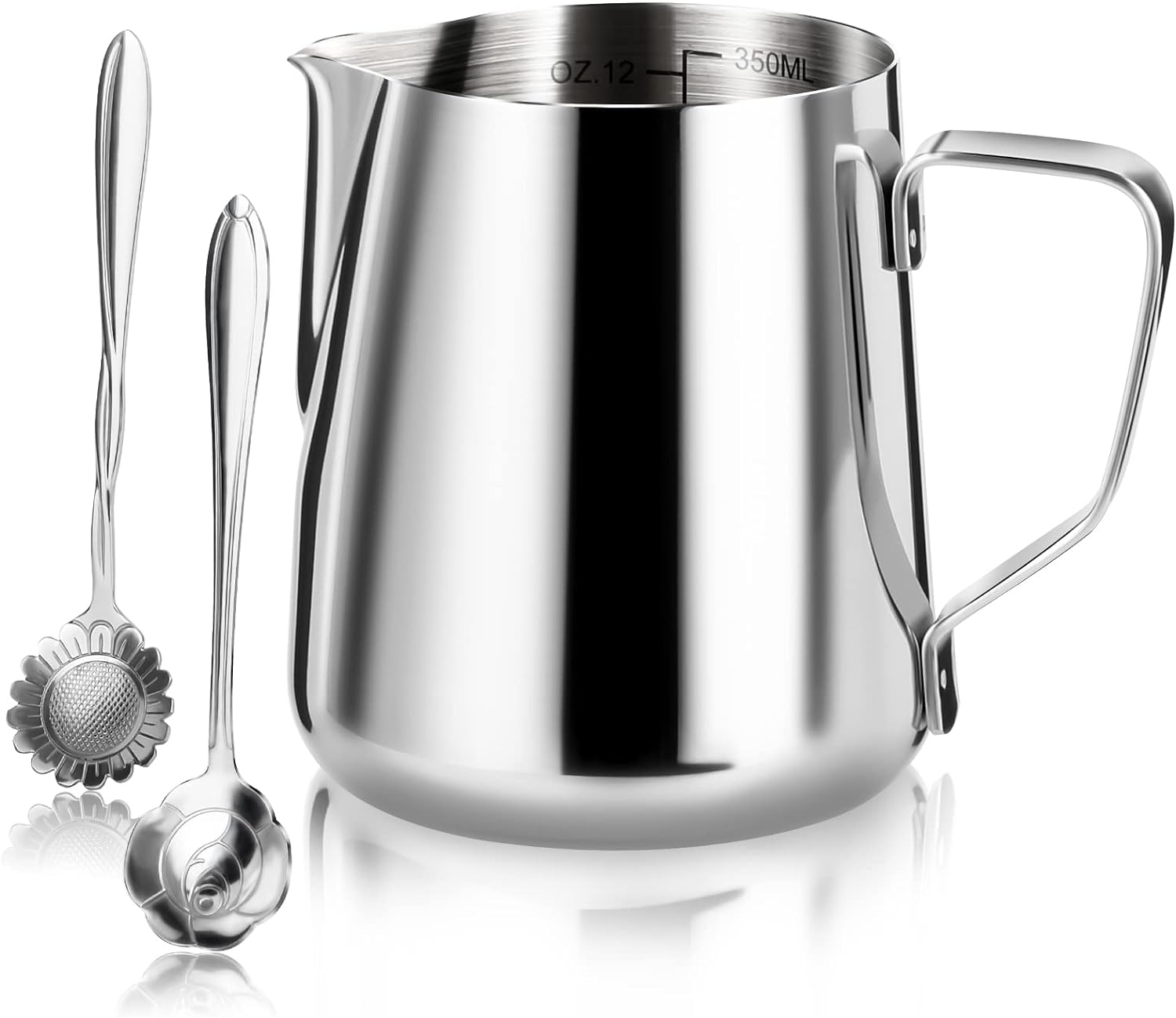 Milk Frothing Pitcher, Espresso Steaming Pitcher 12oz, Espresso Machine Accessories, Stainless Steel Milk Coffee Cappuccino Barista Steam Pitchers Milk Jug Cup with Spoons