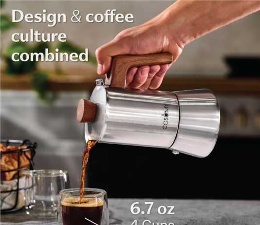 moka pot 4 cups stovetop coffee maker in stainless steel sustainable oak espresso maker suitable for induction and all s