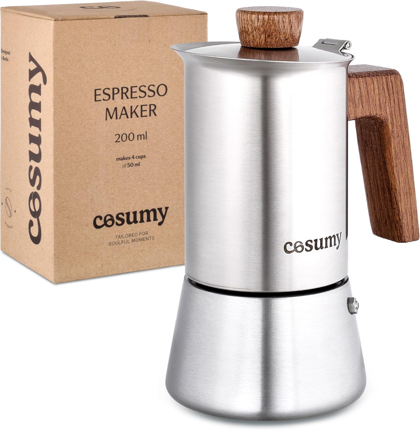 Moka Pot 4 Cups - Stovetop Coffee Maker in Stainless Steel Sustainable Oak Espresso Maker - Suitable for Induction and All Stovetop Types - Italian Cuban Coffee Brewing