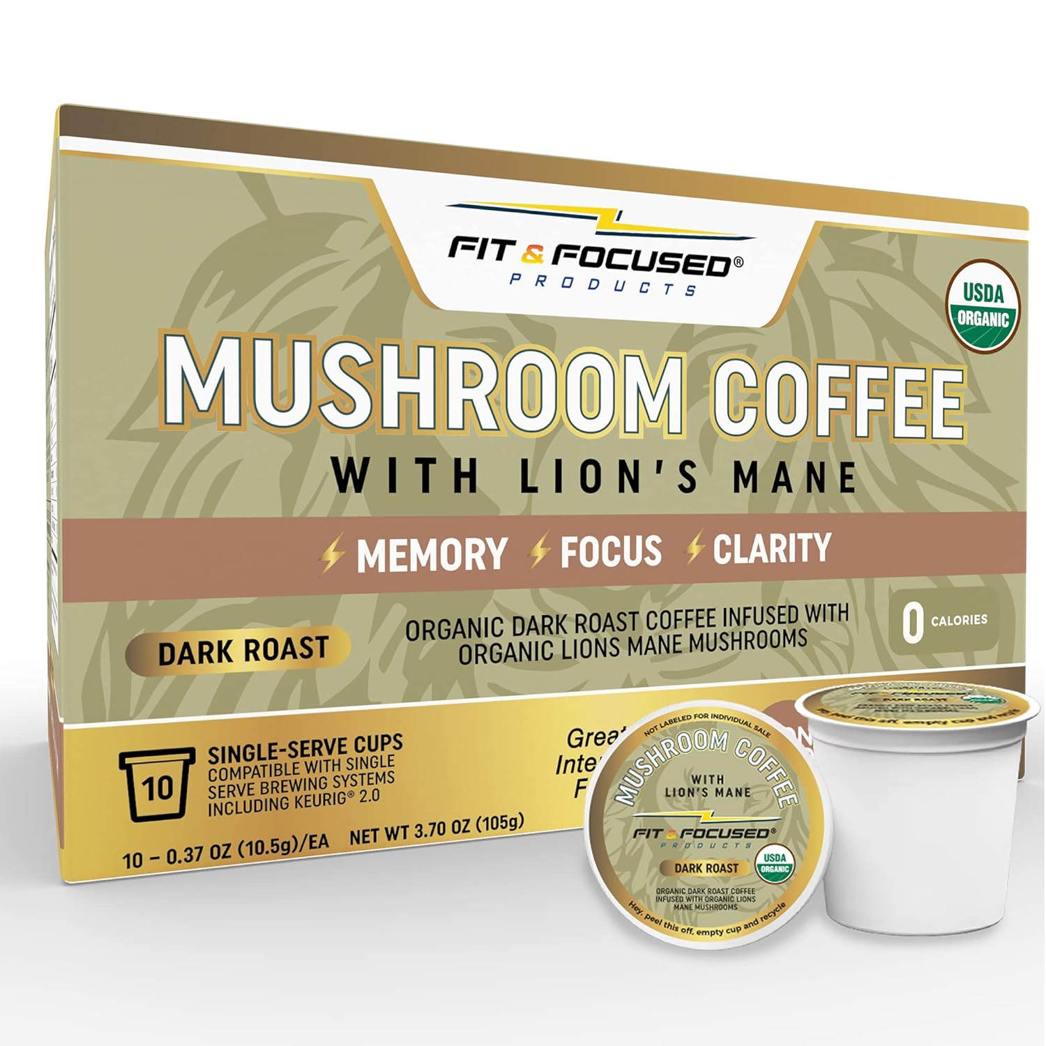 Organic Mushroom Coffee Pods With Lions Mane by Fit and Focused - Keto Friendly Focus Coffee K-Cups for Memory and Brain Fog - Vegan, and Natural Vitamin B and Potassium
