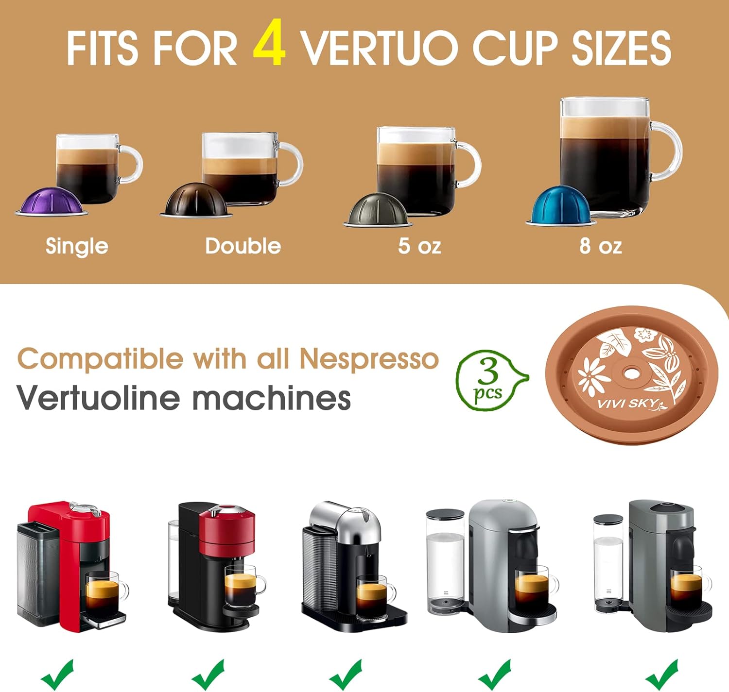Reusable Coffee Capsule Lids Work with Nespresso Pods Vertuo,Food Grade Silicon Caps Used for Every Sizes of Reusable Nespresso Vertuo Pod Refillable Vertuo Capsule(Silicon Vertuo Lids- 3PCS)