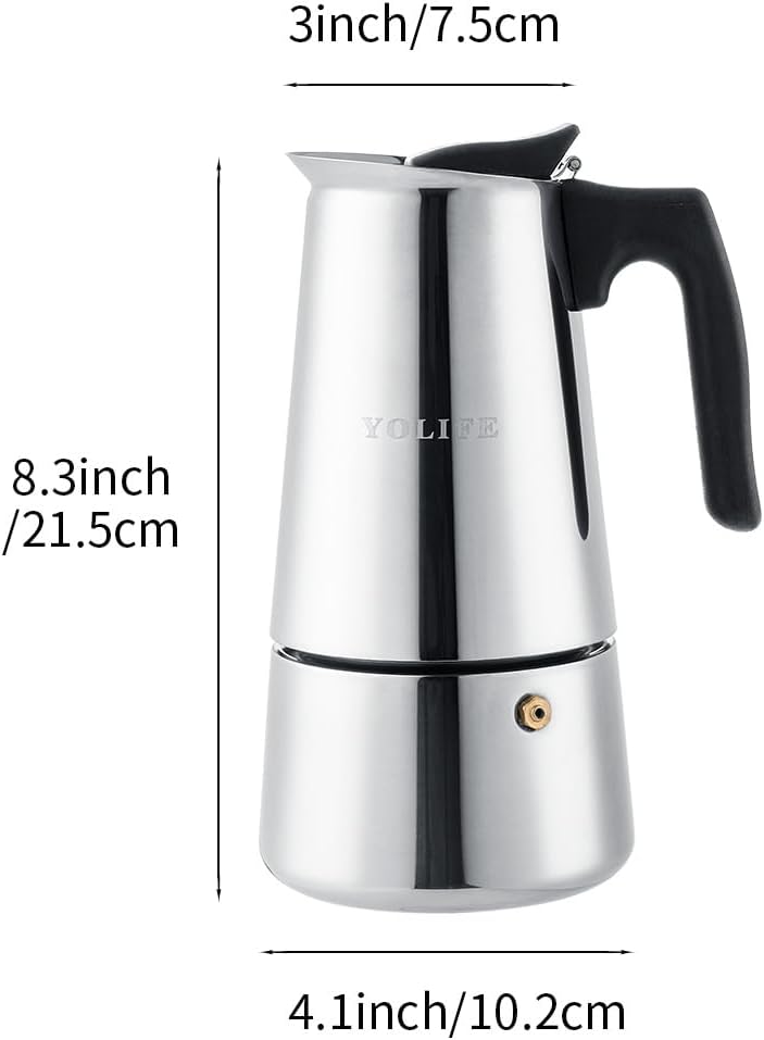 YOLIFE Stovetop Espresso Maker, Small Italian Moka Pot, Cafe Maker for Coffee, Cappuccino and Latte, Stainless Steel, 450 ml / 16 oz/ 9 Cups (espresso cup= 50 ml)