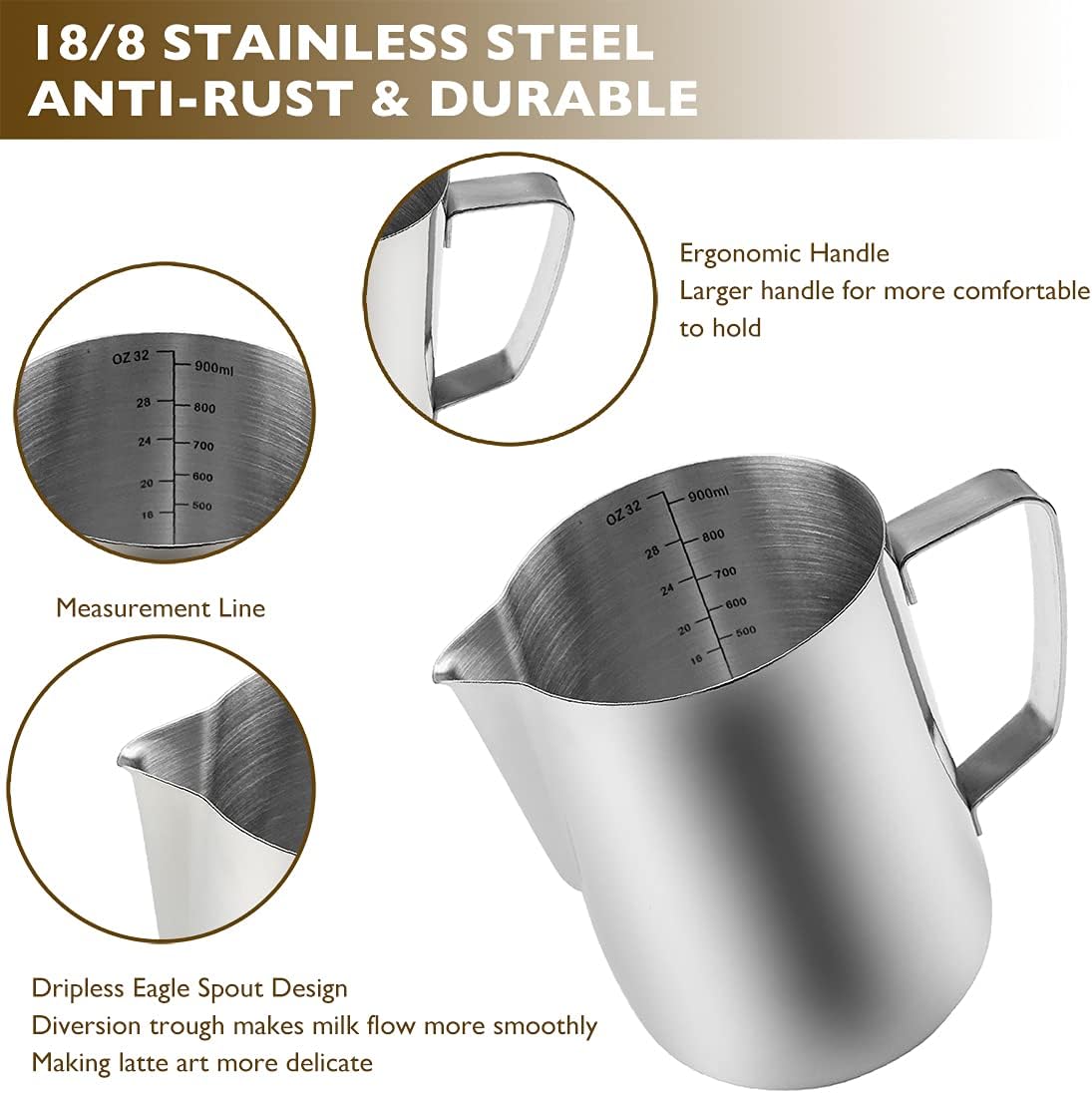 CAMKYDE Stainless Steel Milk Frothing Pitcher 12 oz, Espresso Steaming Pitcher with Decorating Pen for Espresso Machines, Cappuccino, Latte Art