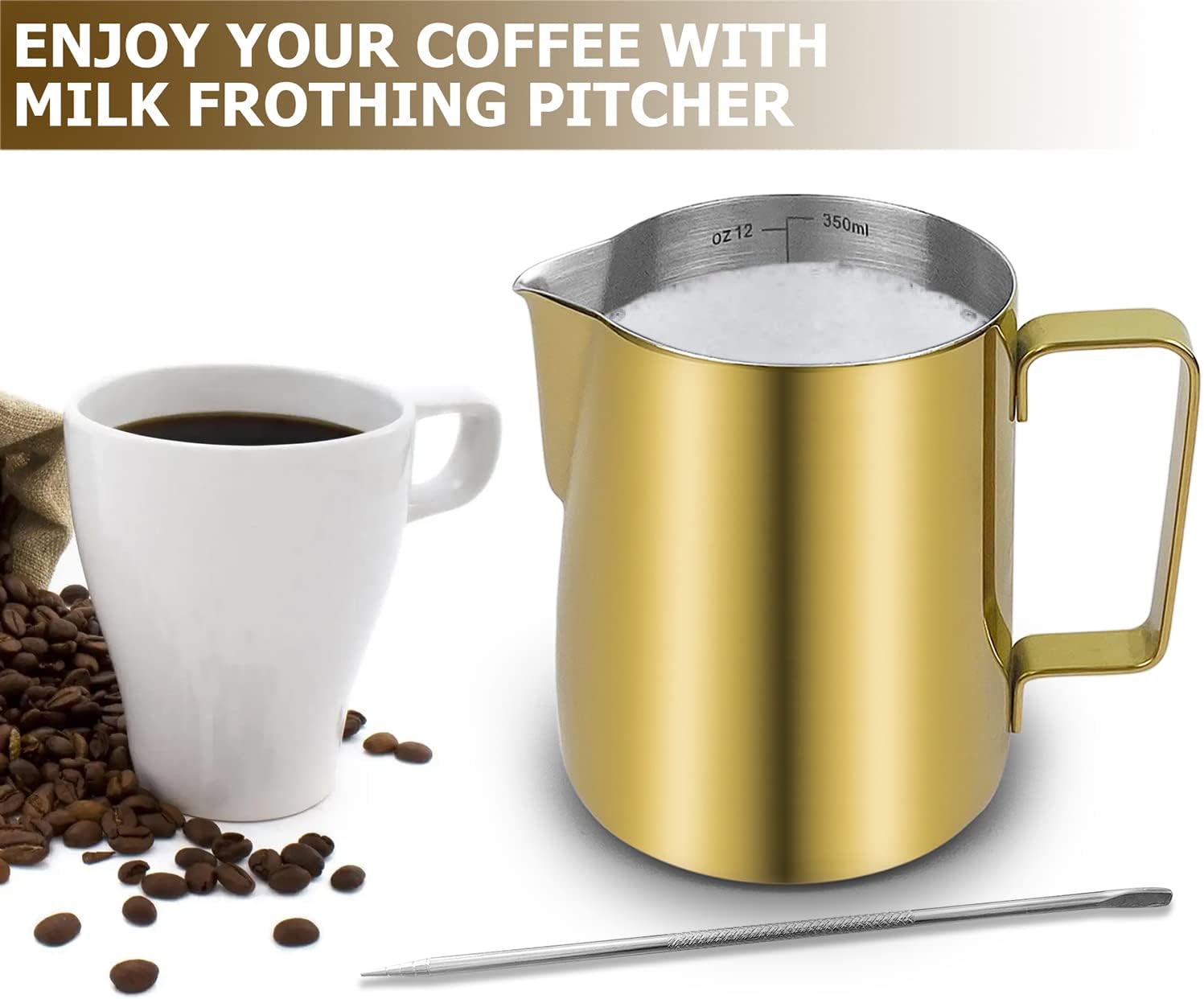 CAMKYDE Stainless Steel Milk Frothing Pitcher 12 oz, Espresso Steaming Pitcher with Decorating Pen for Espresso Machines, Cappuccino, Latte Art