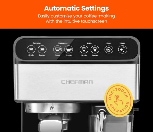 chefman 6 in 1 espresso machine with built in milk frother 15 bar pump digital display one touch single or double shot f