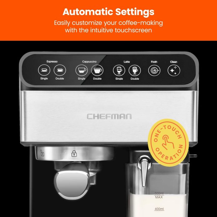 chefman 6 in 1 espresso machine with built in milk frother 15 bar pump digital display one touch single or double shot f