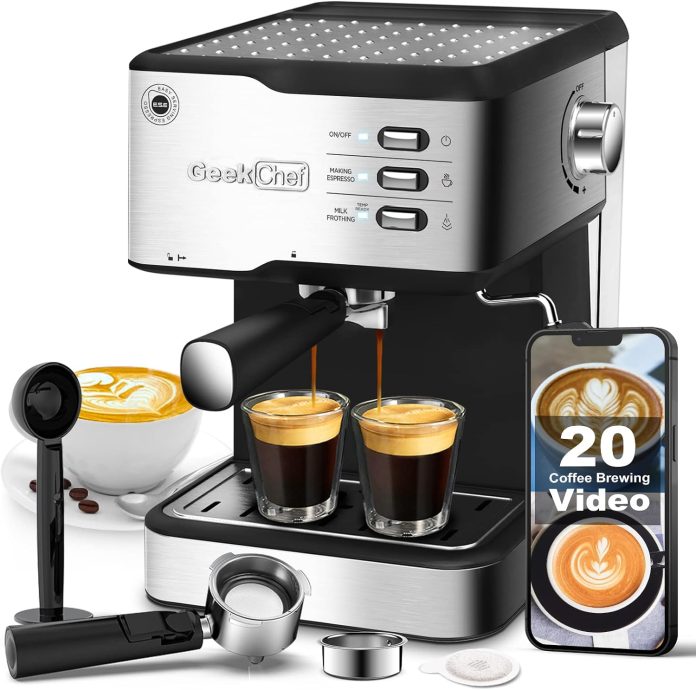 geek chef espresso machine 20 bar cappuccino latte maker coffee machine with ese pod capsules filtermilk frother steam w