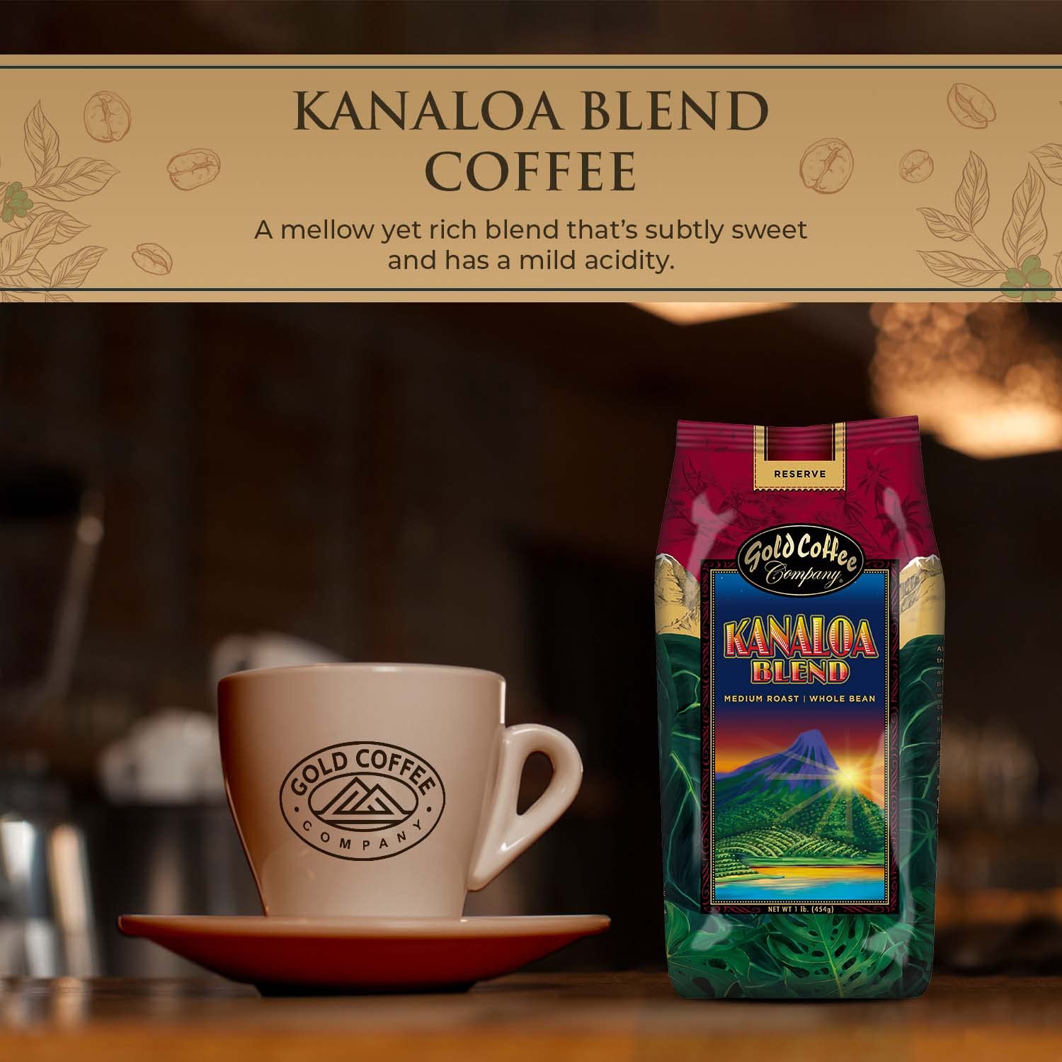 Gold Coffee Kanaloa Blend 1lb Medium Roast Whole Bean Coffee