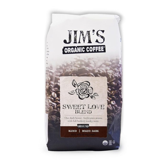 jims organic coffee sweet love blend whole bean dark roast bold 11 oz bag
