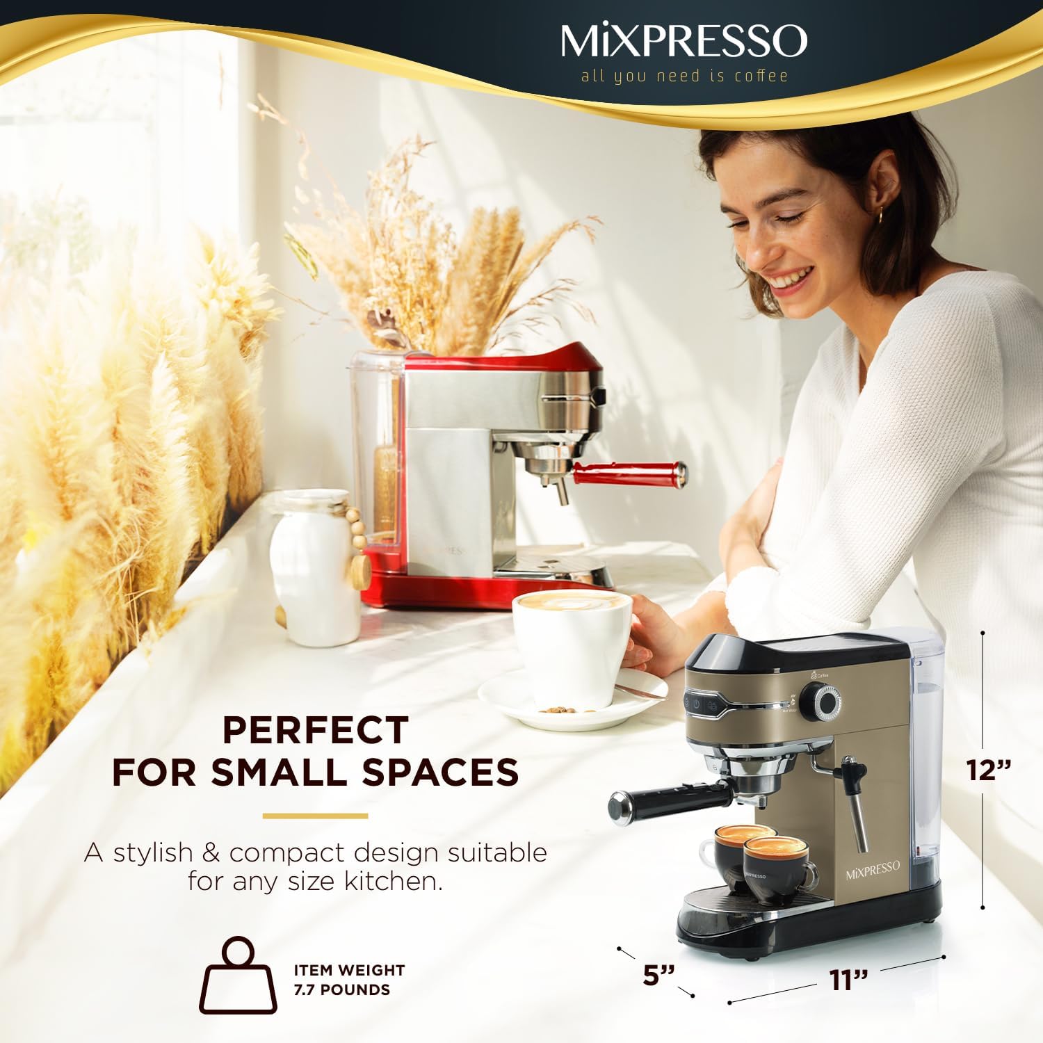Mixpresso Professional Espresso Machine for Home 15 Bar with Milk Frother Steam Wand, Espresso Maker with Double-Cup Splitter 1450w Fast Heating, Cappuccino and Latte machine 37Oz Water Tank