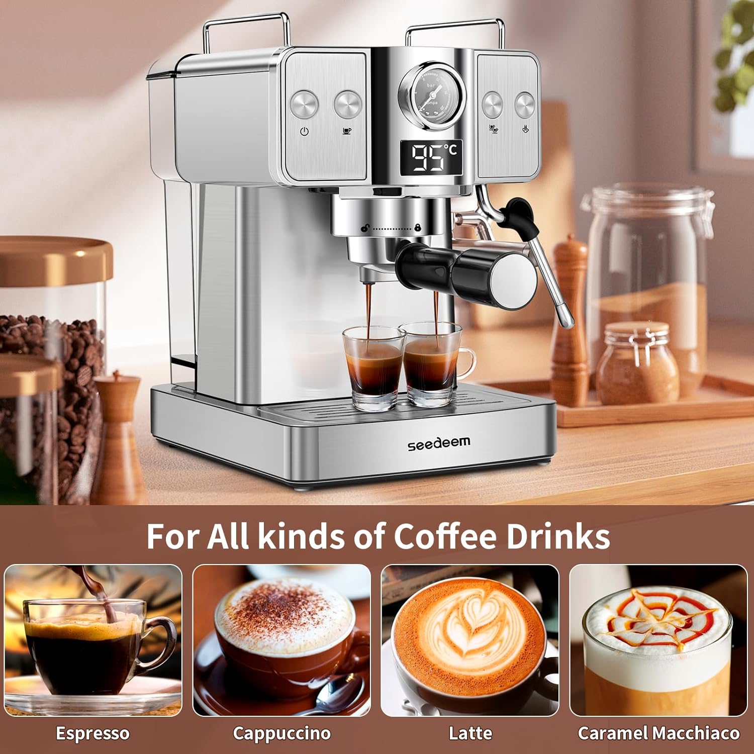 SEEDEEM Espresso Machine,20 Bar Espresso Maker with Milk Frother,Stainless Steel Latte and Cappuccino Machine with 1.8L(60 Fl Oz) Removable Water Tank