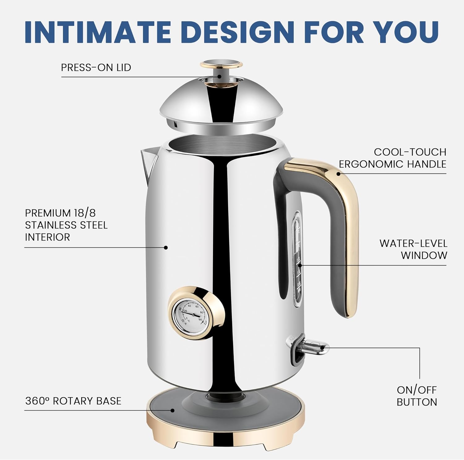 SUSTEAS Electric Kettle - 57oz Hot Tea Kettle Water Boiler with Thermometer, 1500W Fast Heating Stainless Steel Tea Pot, Cordless with LED Indicator, Auto Shut-Off  Boil Dry Protection, Beige