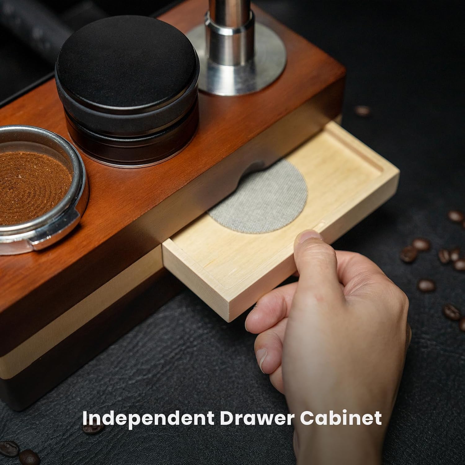 CODOGOY Coffee Tamping Station With Walnut Base Fit for 51 to 58MM Espresso Tamper -1.5L Coffee Grounds Knock Box