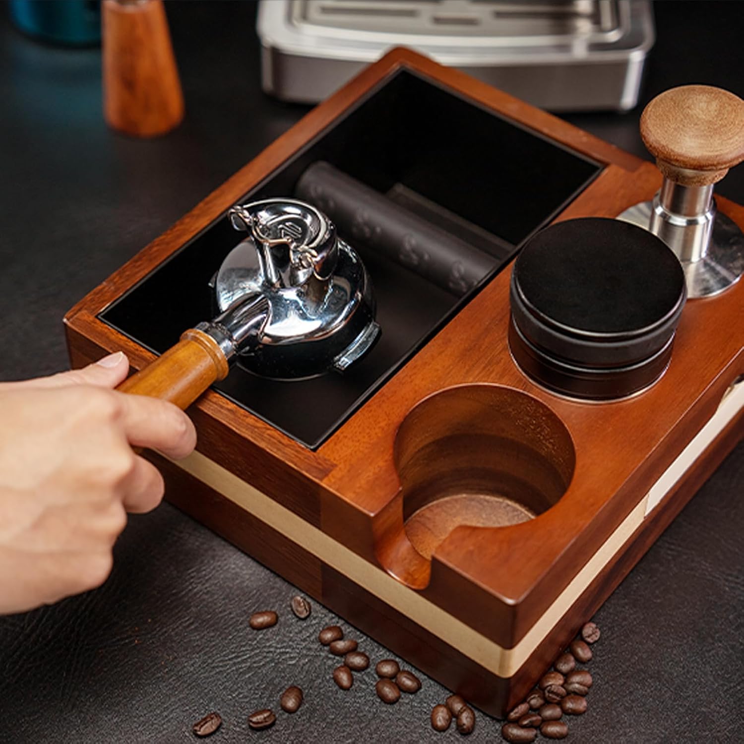 CODOGOY Coffee Tamping Station With Walnut Base Fit for 51 to 58MM Espresso Tamper -1.5L Coffee Grounds Knock Box