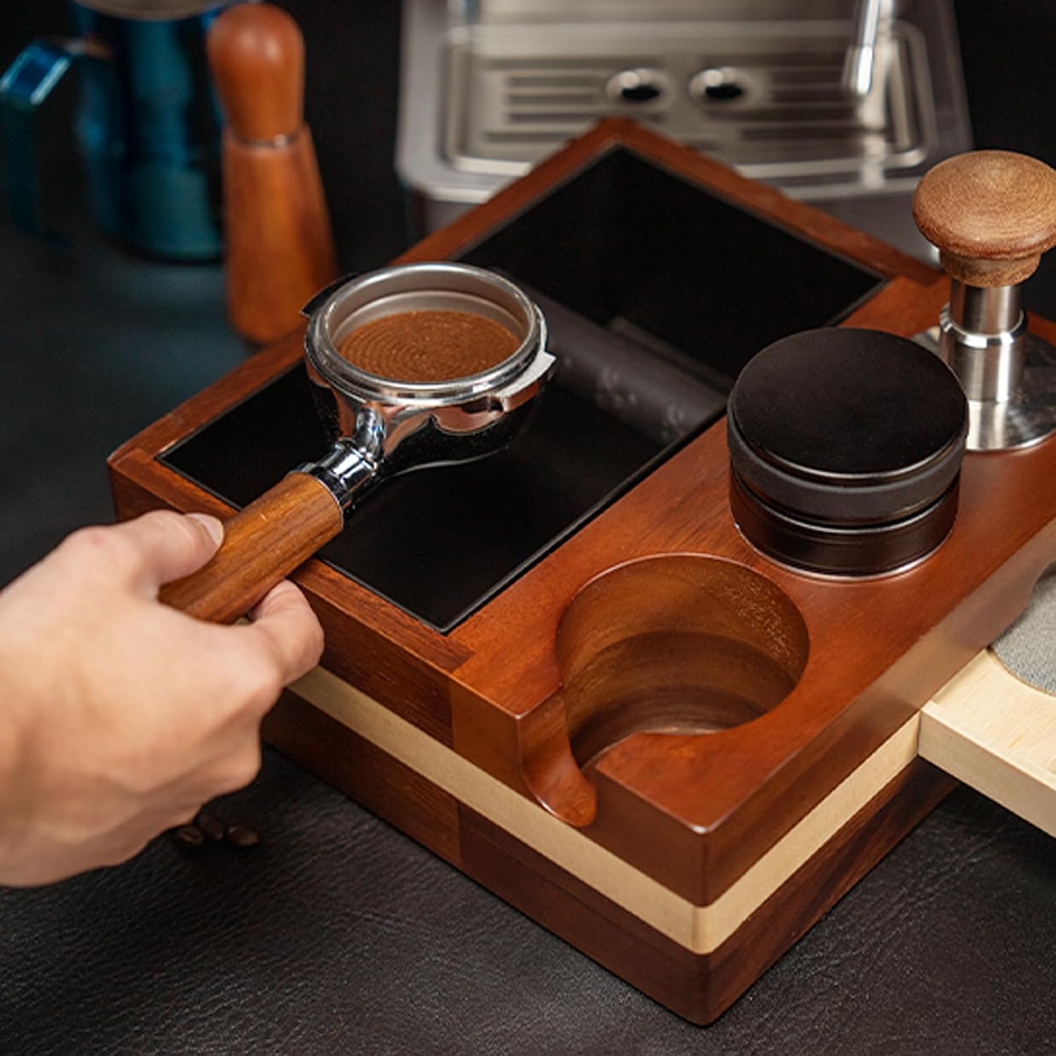 CODOGOY Coffee Tamping Station With Walnut Base Fit for 51 to 58MM Espresso Tamper -1.5L Coffee Grounds Knock Box