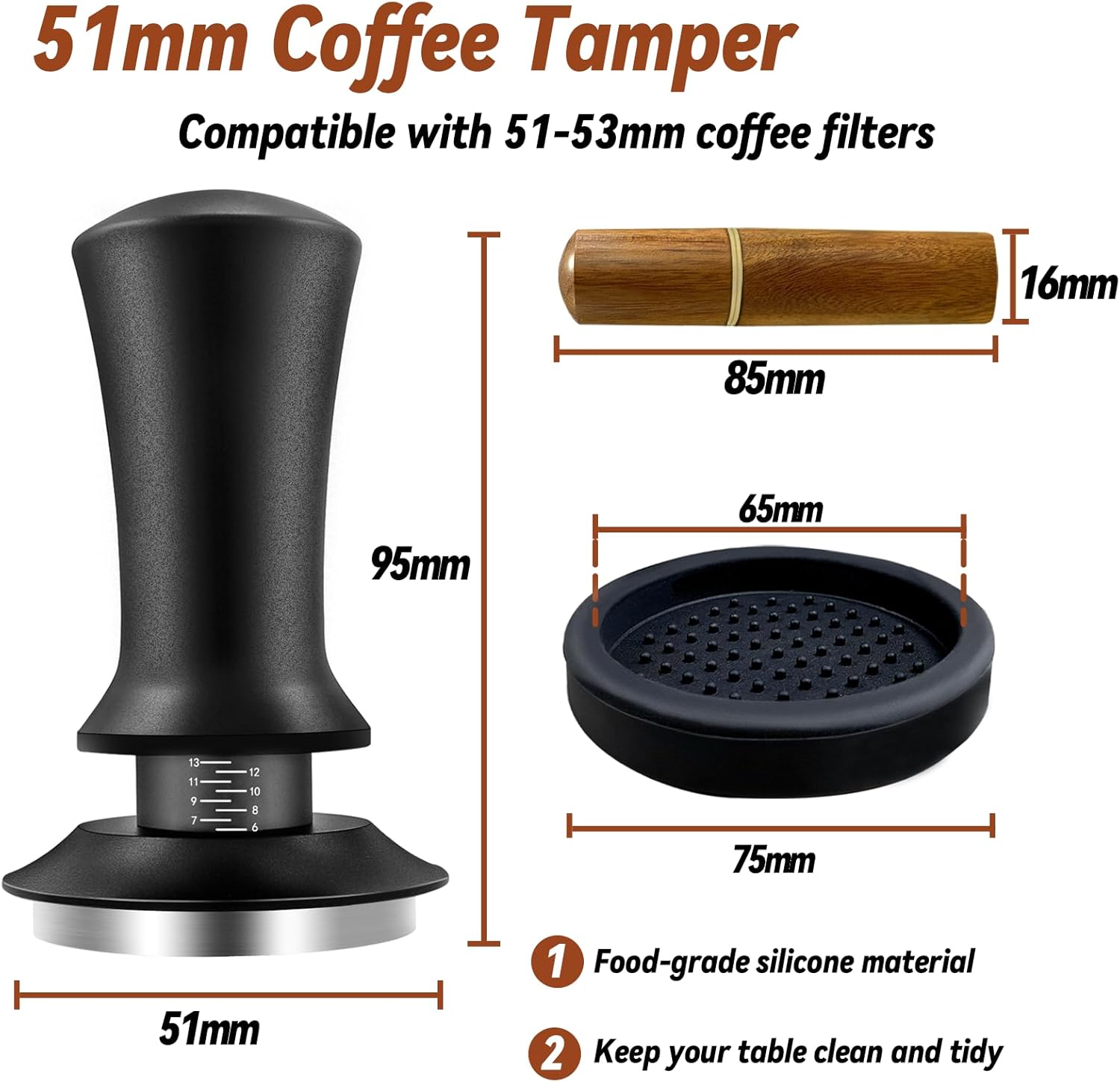 Coffee Espresso Tamper 51mm with WDT Tool Calibrated Spring Loaded, Coffee Press with Silicone Mat, 100% Flat Stainless Steel Base Tamper for Espresso Coffee Machine (51mm, Black)