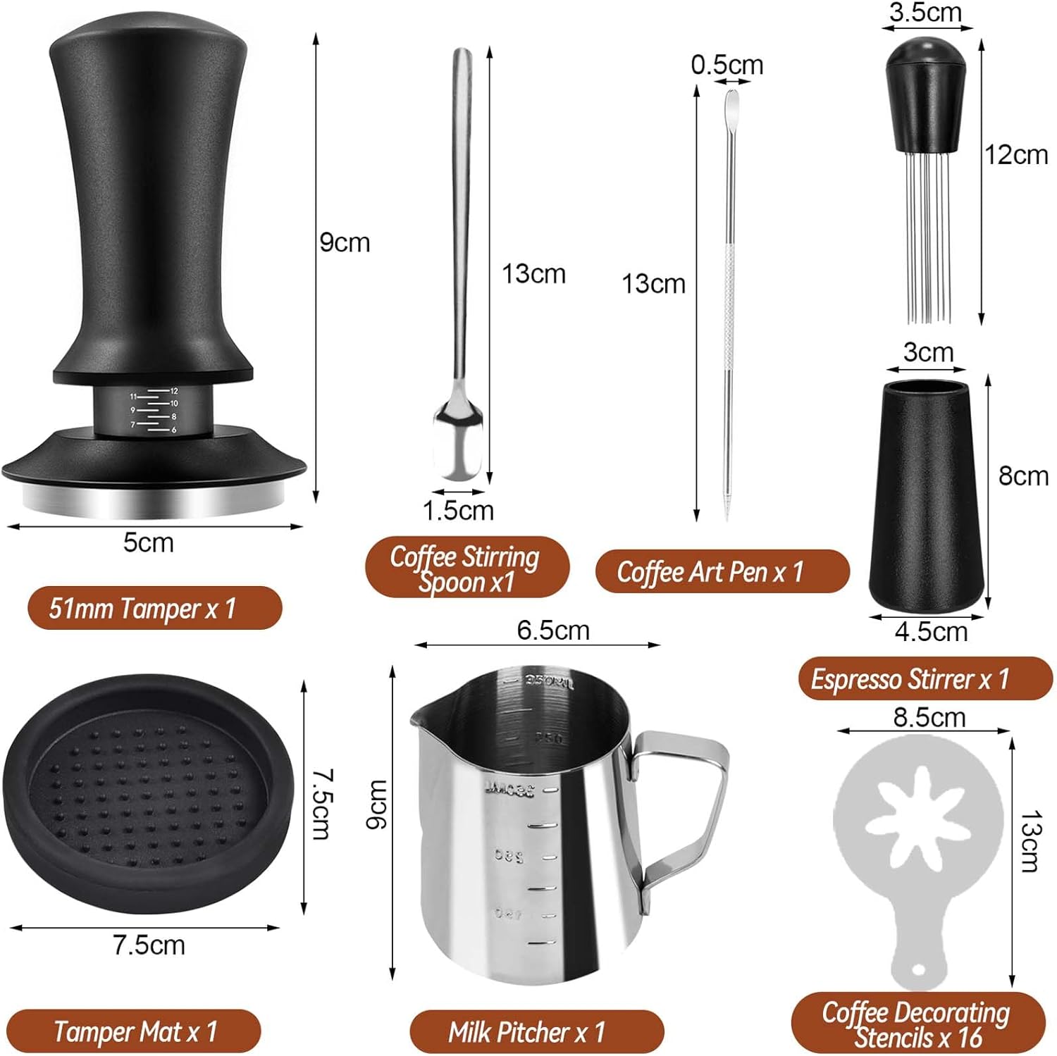 Coffee Espresso Tamper 51mm with WDT Tool Calibrated Spring Loaded, Coffee Press with Silicone Mat, 100% Flat Stainless Steel Base Tamper for Espresso Coffee Machine (51mm, Black)