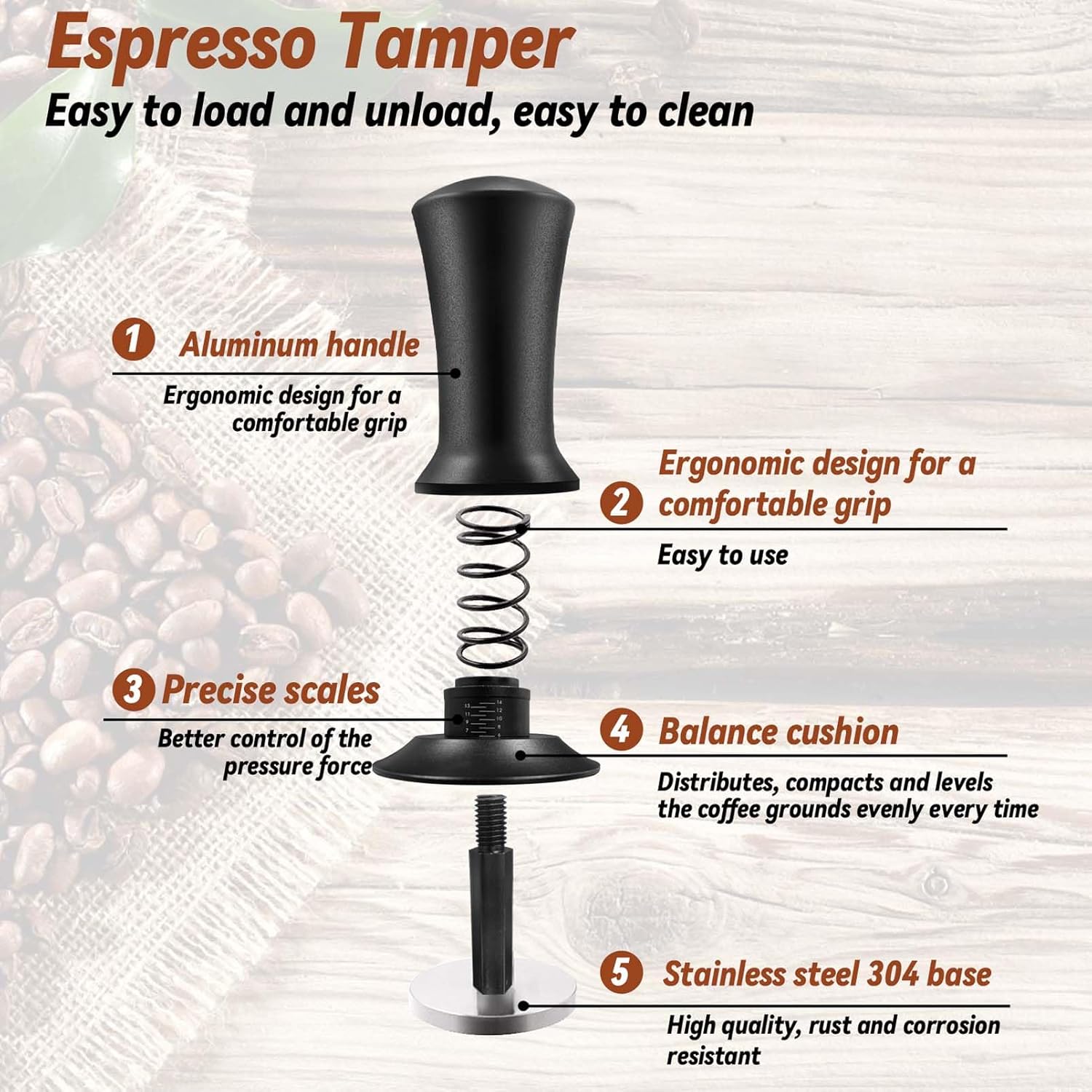 Coffee Espresso Tamper 51mm with WDT Tool Calibrated Spring Loaded, Coffee Press with Silicone Mat, 100% Flat Stainless Steel Base Tamper for Espresso Coffee Machine (51mm, Black)