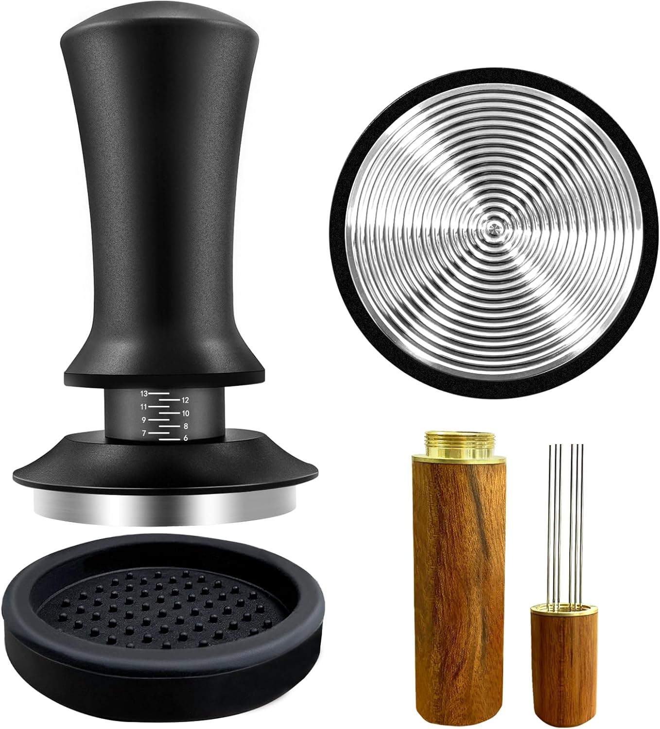 Coffee Espresso Tamper 51mm with WDT Tool Calibrated Spring Loaded, Coffee Press with Silicone Mat, 100% Flat Stainless Steel Base Tamper for Espresso Coffee Machine (51mm, Black)