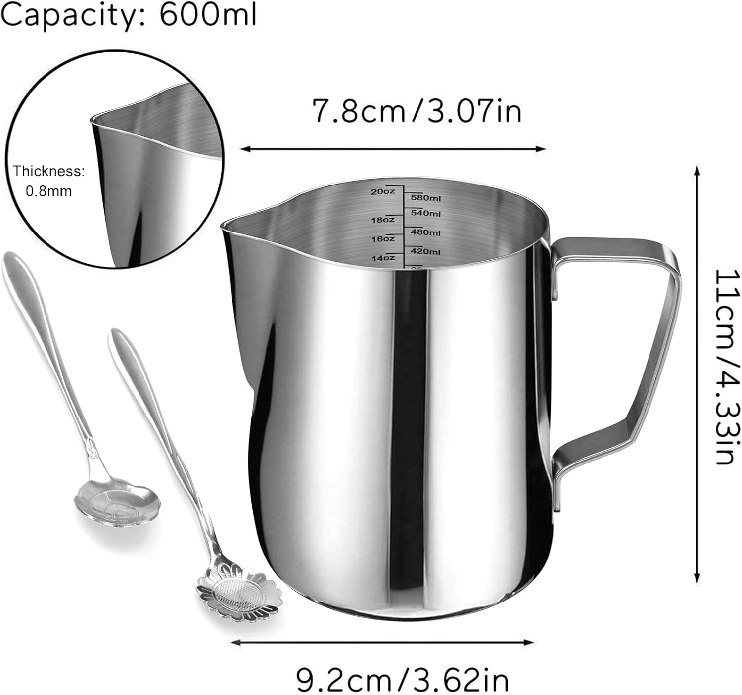 Milk Frothing Pitcher Cup, 12oz/350ML Milk Frother Cup Stainless Steel Steaming Pitcher Milk Jug Coffee Latte Art Cappuccino Espresso Machine Accessories Barista Steam Pitchers Attached Dessert Spoons
