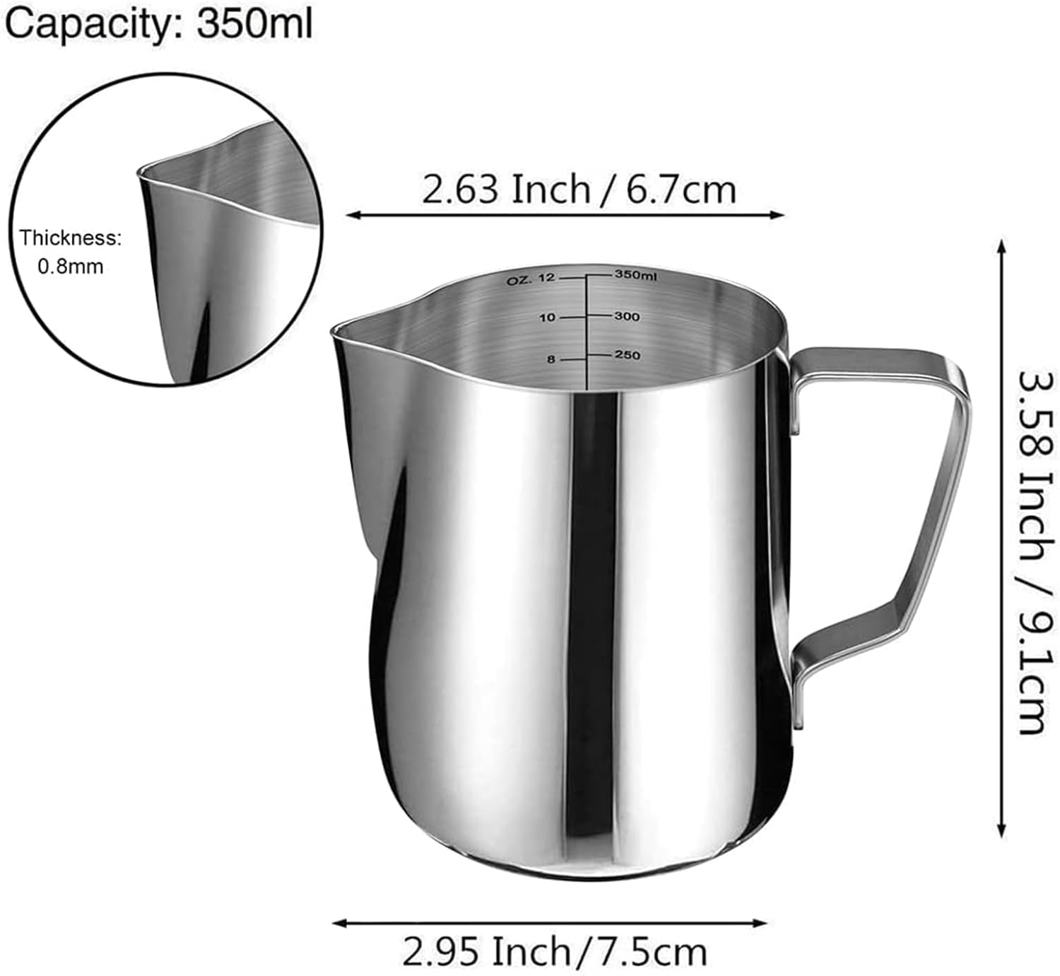 Milk Frothing Pitcher Cup, 12oz/350ML Milk Frother Cup Stainless Steel Steaming Pitcher Milk Jug Coffee Latte Art Cappuccino Espresso Machine Accessories Barista Steam Pitchers Attached Dessert Spoons