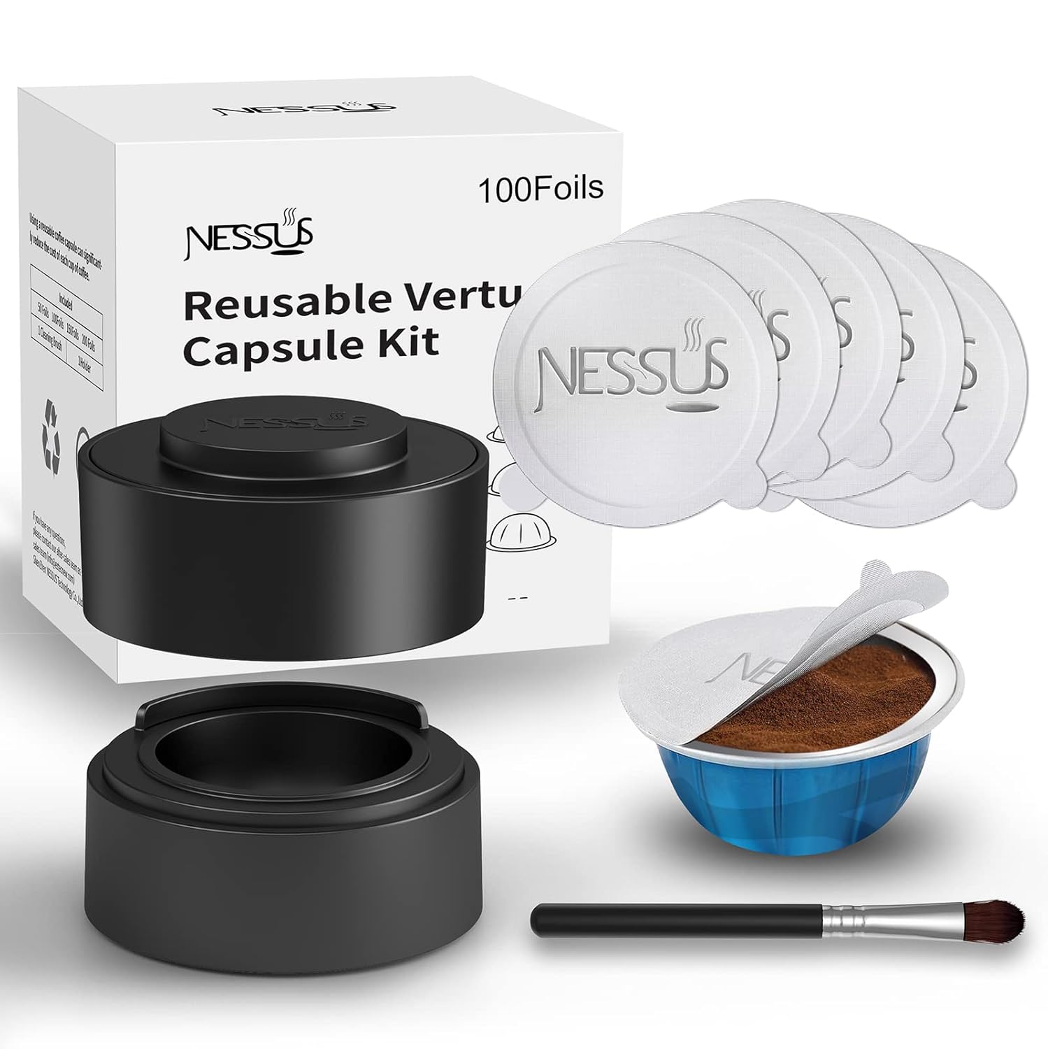 Nessus Reusable Kit for Nespresso Pods Vertuo, Reuse Old Coffee Pods for Nespresso Vertuo: 100 Pcs Aluminum Foil Seal Lid, Holder, Brush, Refillable Vertuo Plus Next Capsule Machine