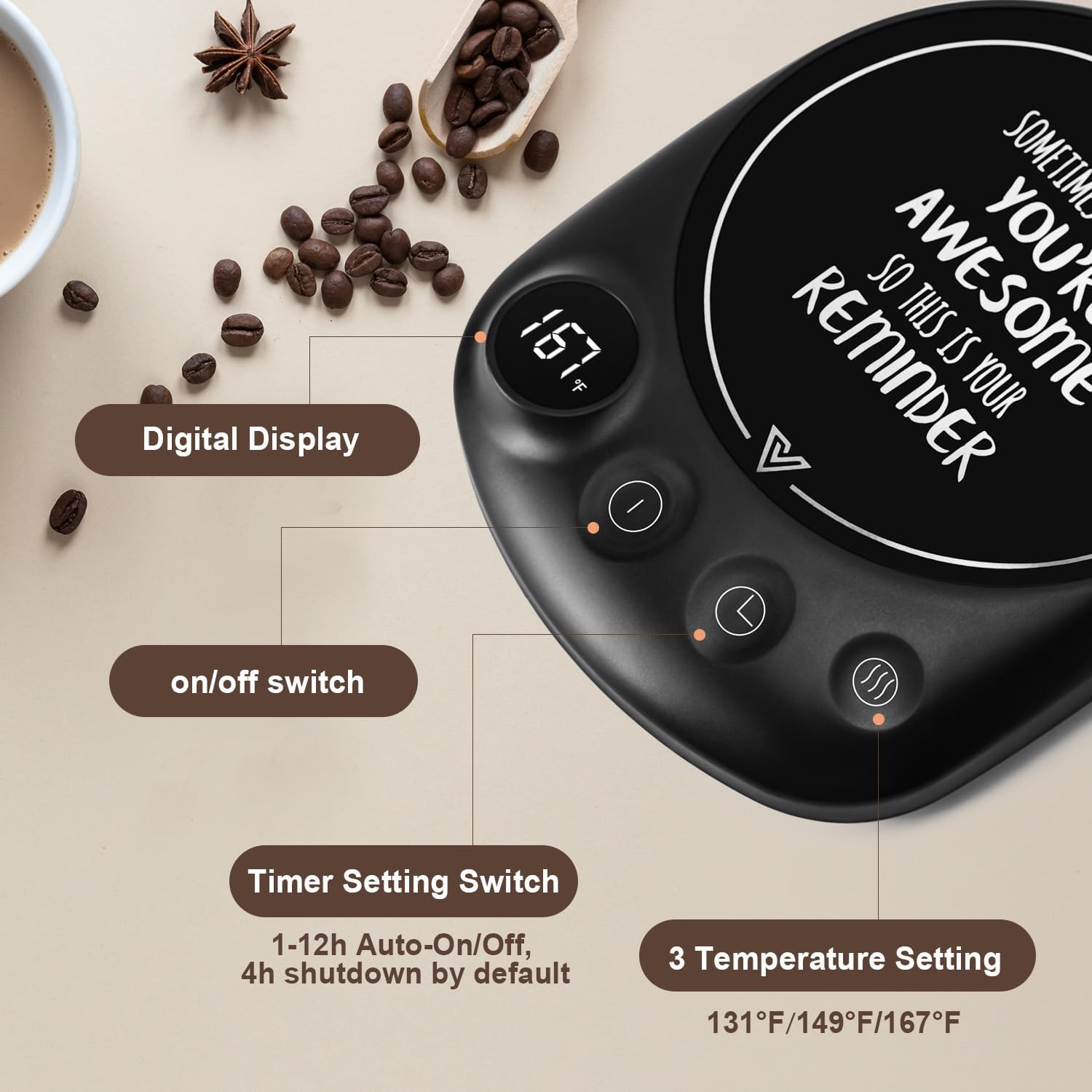 Bsigo Coffee Mug Warmer Candle Mug Warmer for Home  Office, Electric Smart Coffee Warmer for Desk, Beverage Tea Coffee Cup Warmer with 3-Temp Settings, 1-12h Timer Auto Shut Off Portable Warmer Plate