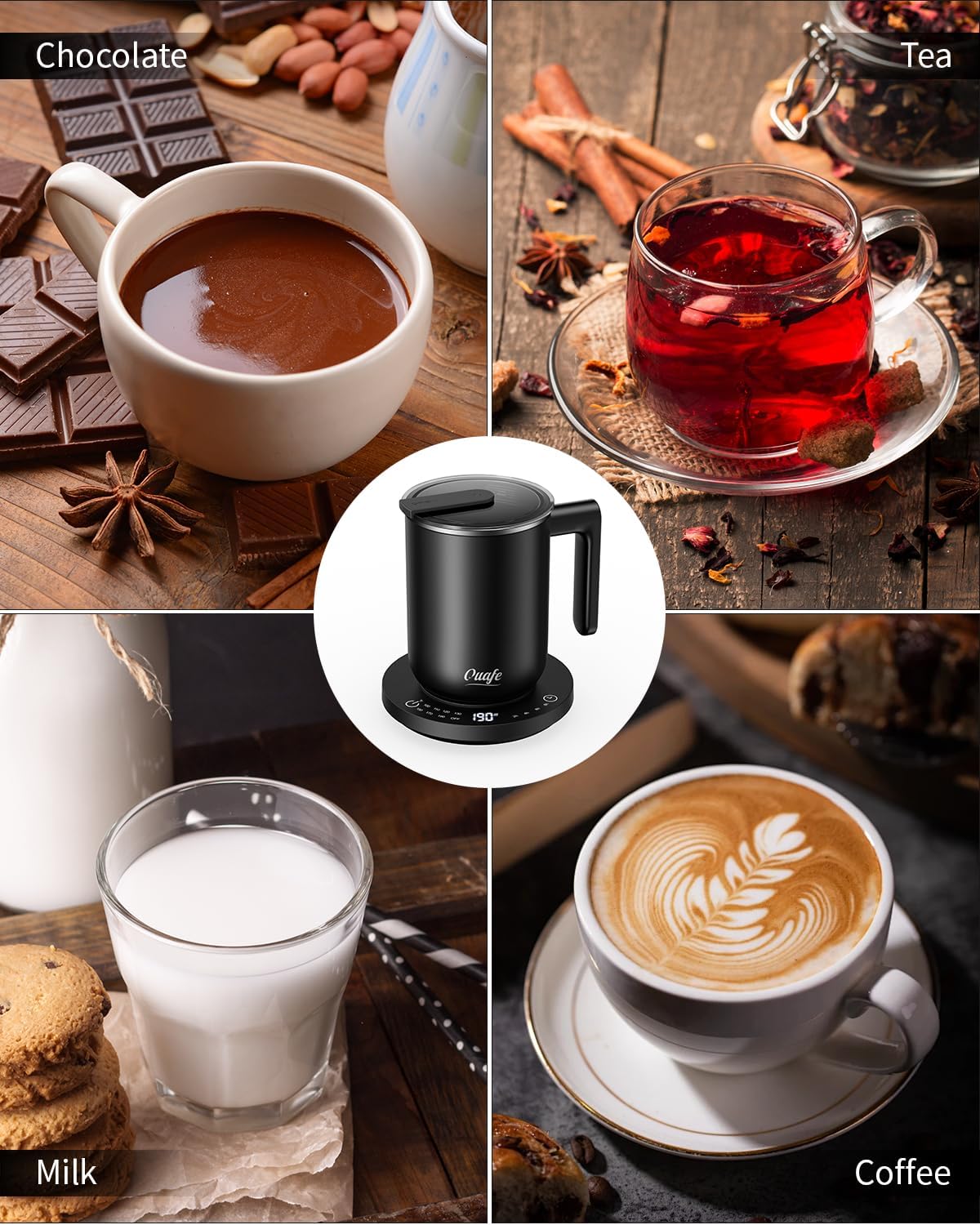 Coffee Mug Warmer  Mug Set, Heated Coffee Warmer for Desk Auto Shut Off, Up to 190℉, Temperature Control Smart Coffee Mug with Lid, 14 oz Cup, 304 Stainless Steel, Black