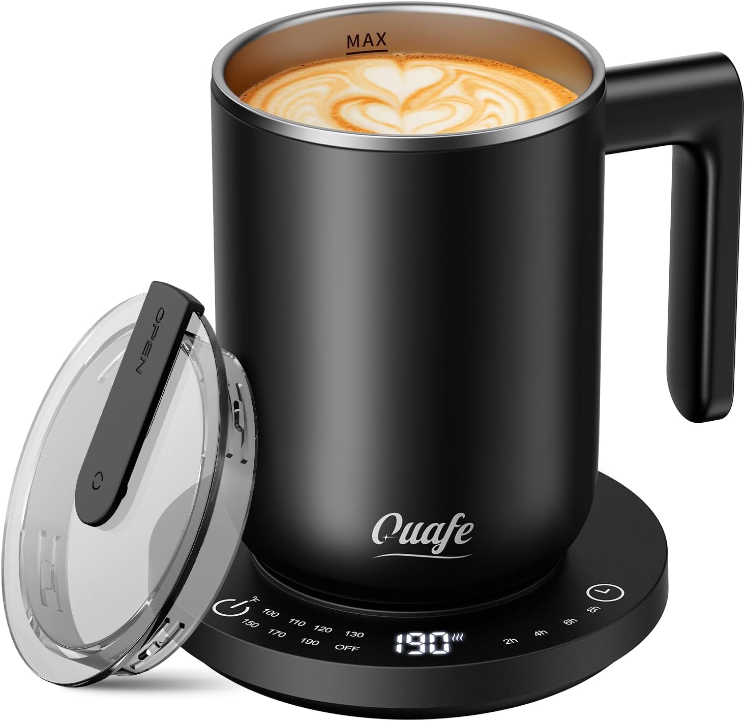 Coffee Mug Warmer  Mug Set, Heated Coffee Warmer for Desk Auto Shut Off, Up to 190℉, Temperature Control Smart Coffee Mug with Lid, 14 oz Cup, 304 Stainless Steel, Black