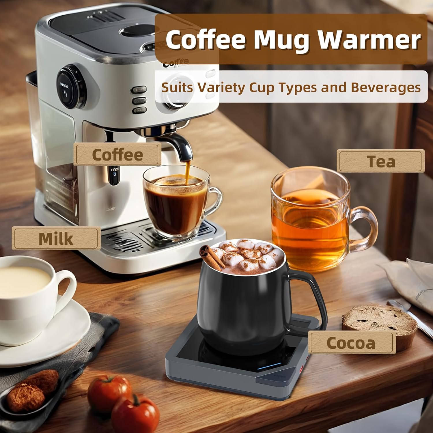 Coffee Mug Warmer with 2 USB Charging Ports: Auto Shut-Off Candle Wax Warmer - Heated Beverage Coffee Accessories for Home Office Desk - U1 Black