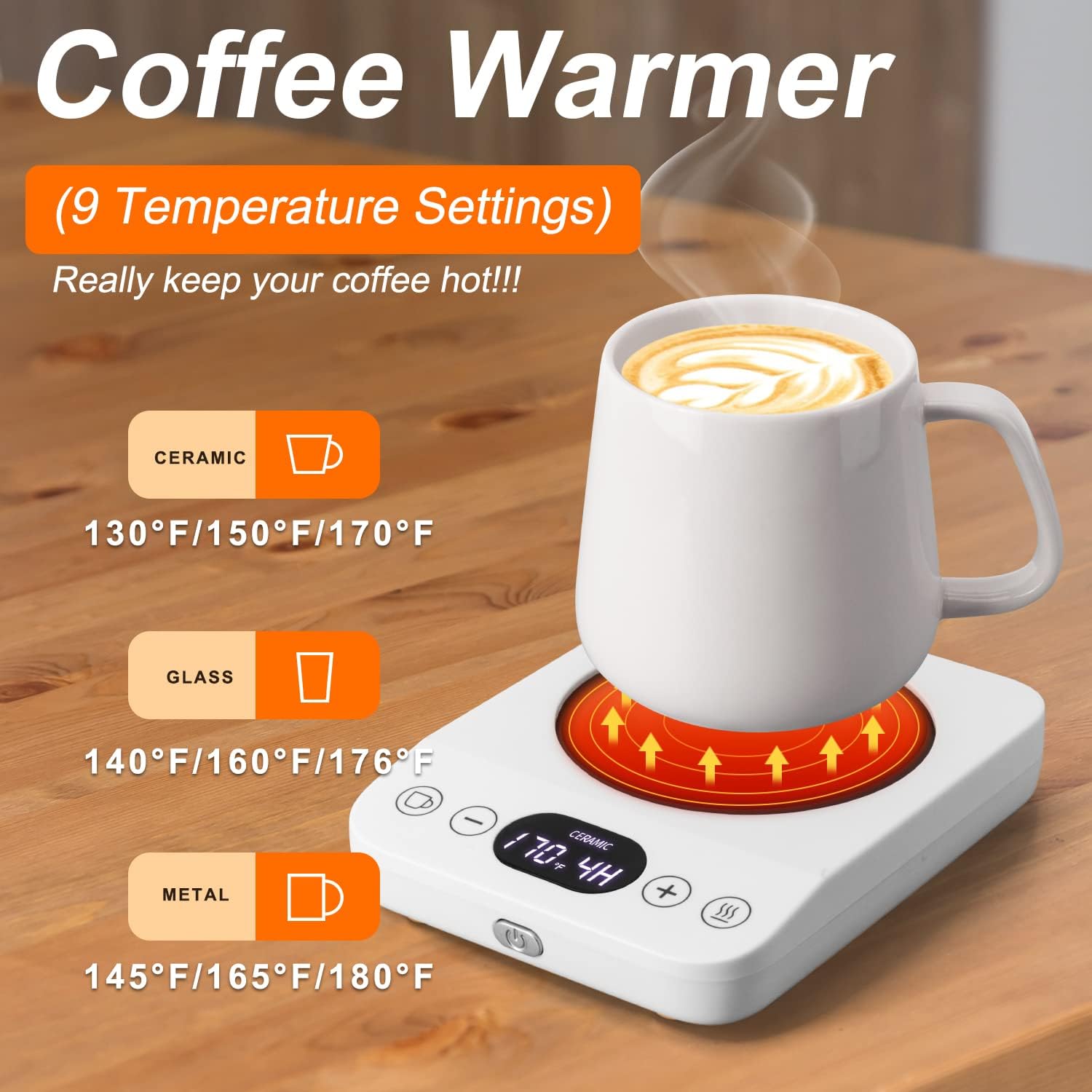 Coffee Mug Warmer，Electric Coffee Warmer for Desk Home Office, Auto On/Off Gravity-Induction Smart Cup Warmer with 9 Temperature Setting，1-9 Timer Beverage Warmer Plate for Candle Milk Tea White
