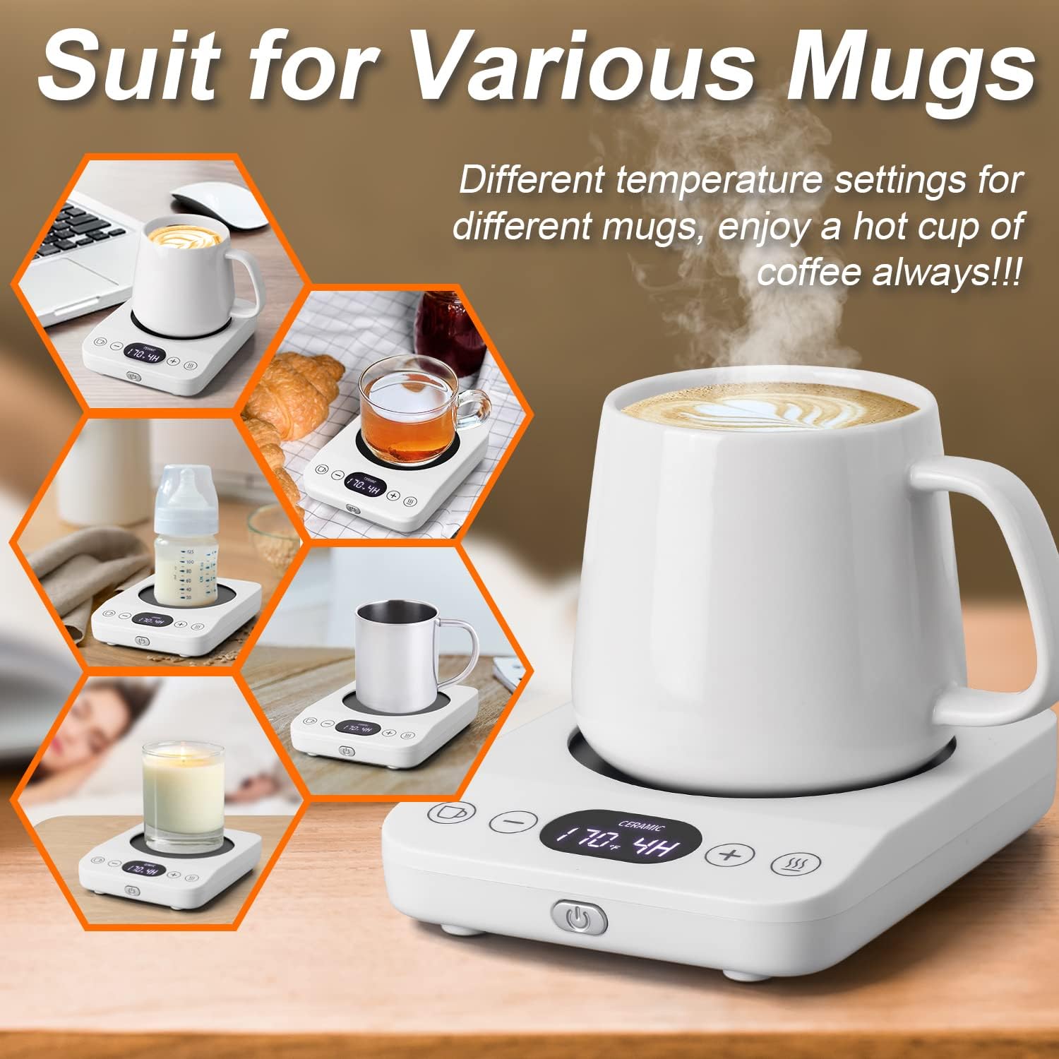 Coffee Mug Warmer，Electric Coffee Warmer for Desk Home Office, Auto On/Off Gravity-Induction Smart Cup Warmer with 9 Temperature Setting，1-9 Timer Beverage Warmer Plate for Candle Milk Tea White