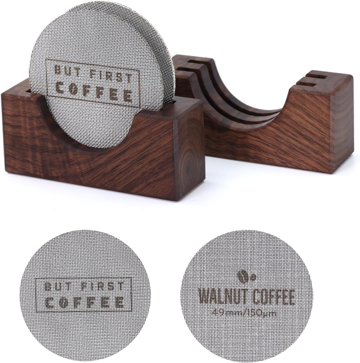2Packs 49mm Espresso Puck Screen | Handmade Walnut Stand | 1.7mm Thickness 150μm 316 Stainless Steel