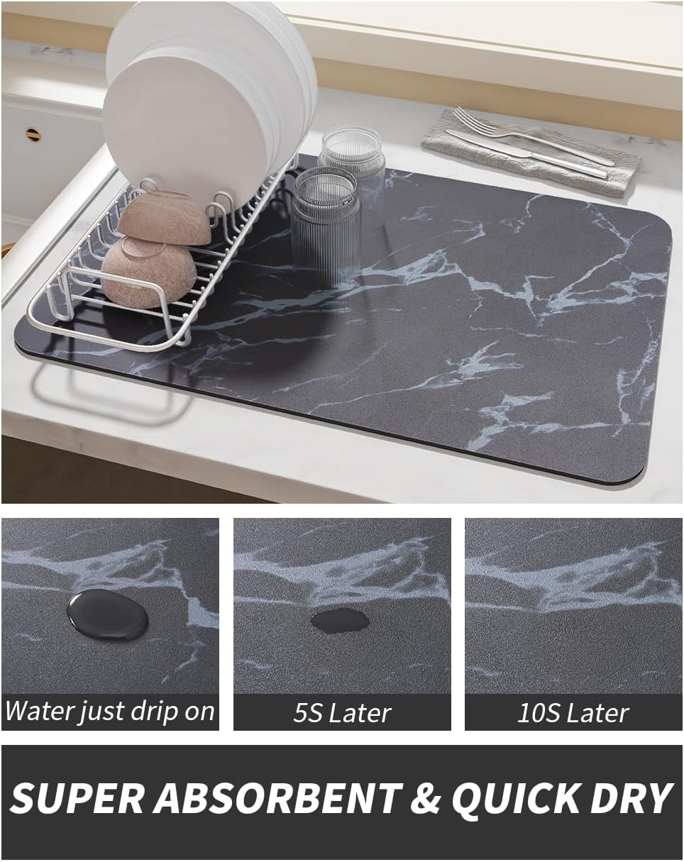 AMOAMI Dish Drying Mat for Kitchen Counter-Coffee Mat Bar Accessories, Hide Stain, Rubber Backed, Absorbent, Fit Under Coffee Maker, Espresso Machine, Pot, Dish Rack, 12x19, Dark Grey