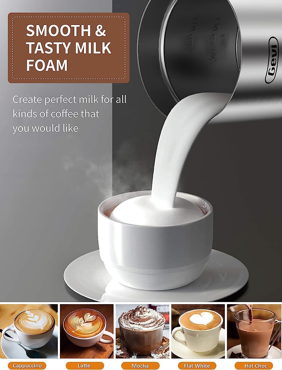 Gevi Milk Frother, 4 in 1 Stainless Steel Electric 10.1 oz/2.5 oz Automatic Cold and Hot Milk Foam Maker  Milk, Chocolate Warmer for Macchiato, Cappuccino, Hot Chocolates, Latte, 500W, 120V, Silver Gevi Milk Frother, 4 in 1 Stainless Steel Electric 10.1 oz/2.5 oz Automatic Cold and Hot Milk Foam Maker  Milk, Chocolate Warmer for Macchiato, Cappuccino, Hot Chocolates, Latte, 500W, 120V, Silver