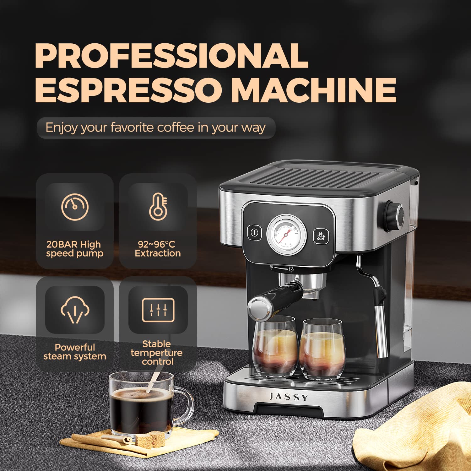 Jassy JASSY Espresso Maker,20 Bar Cappuccino Maker with Milk Frother Wand,Compact Semi-Auto Espresso Machine for Home Barista with Espresso/Cappuccino/Latte/Mocha,1200W