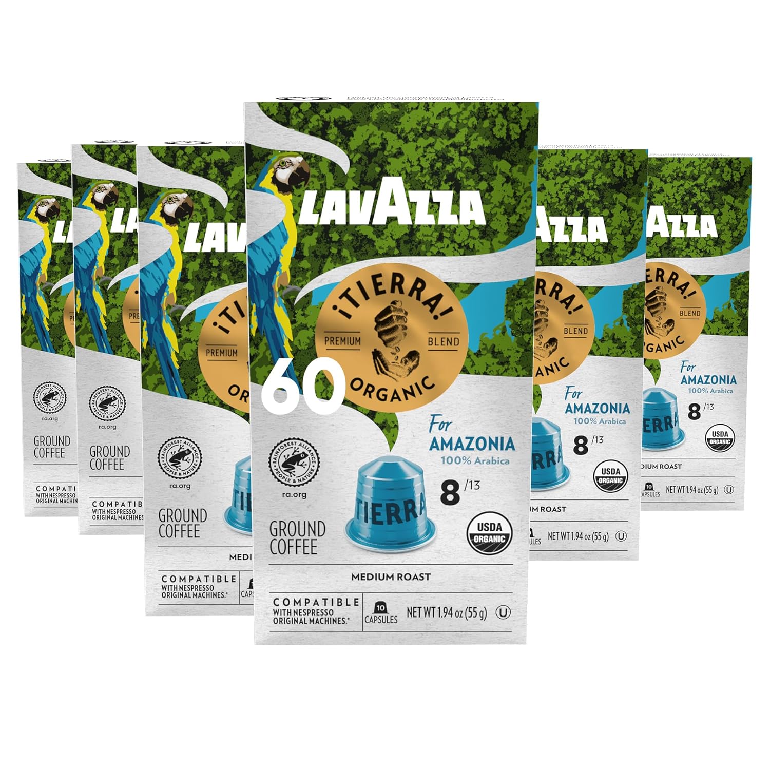 Lavazza ¡Tierra! for Planet Aluminum Capsules Compatible with Nespresso* Original Machines, Medium Espresso Roast, 100% Arabica (60 Capsules)