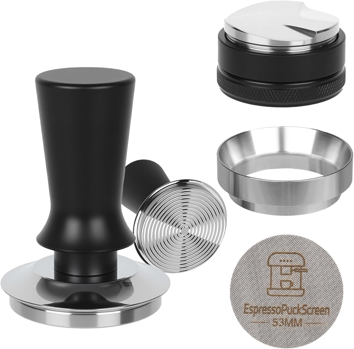 51mm Espresso Tamper Kit - Spring-loaded Coffee Tamper, Adjustable Depth Espresso Distributor Leveler, Magnetic Dosing Funnel Aluminum Metal, Reusable Puck Screen, Fit for 51mm Portafilters