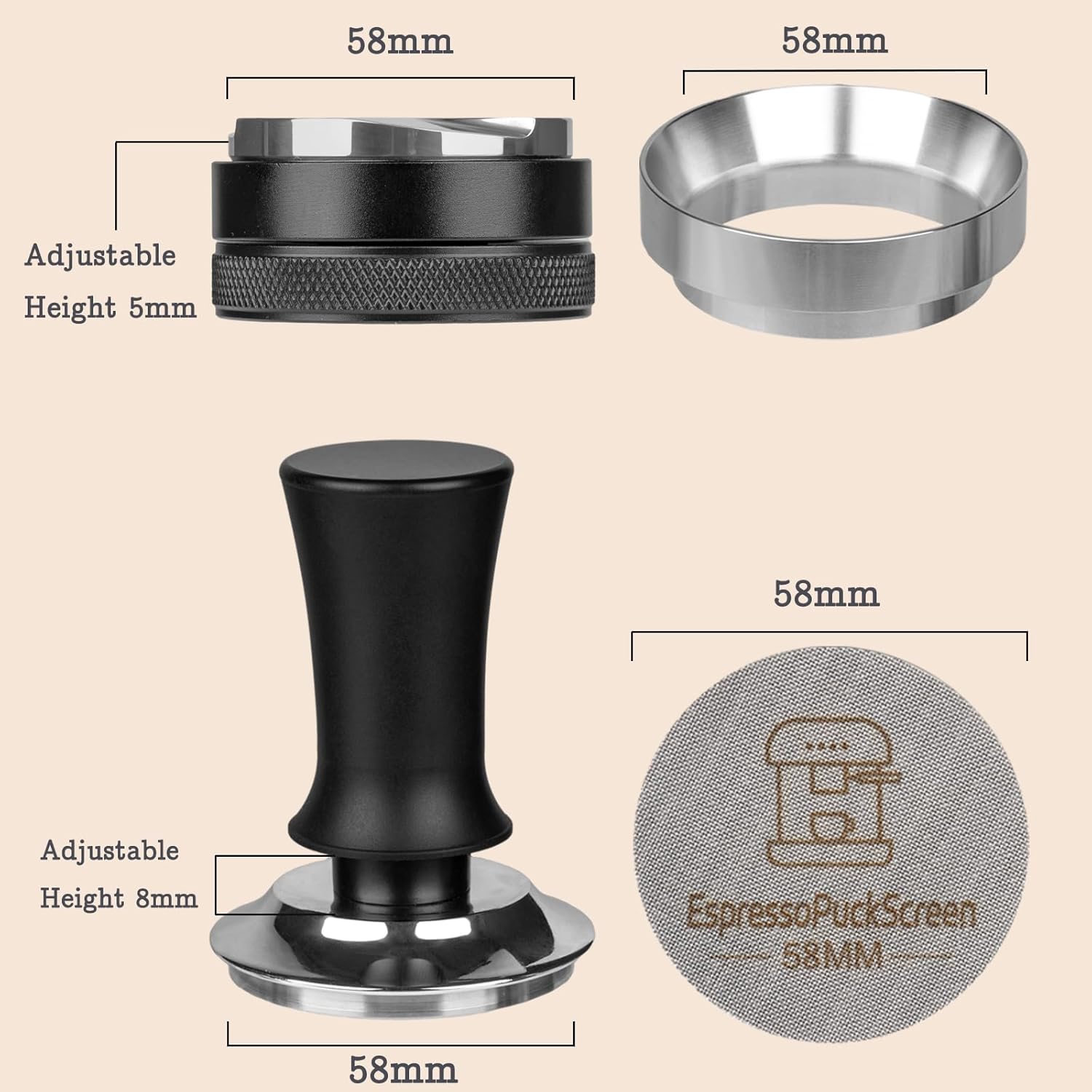 51mm Espresso Tamper Kit - Spring-loaded Coffee Tamper, Adjustable Depth Espresso Distributor Leveler, Magnetic Dosing Funnel Aluminum Metal, Reusable Puck Screen, Fit for 51mm Portafilters