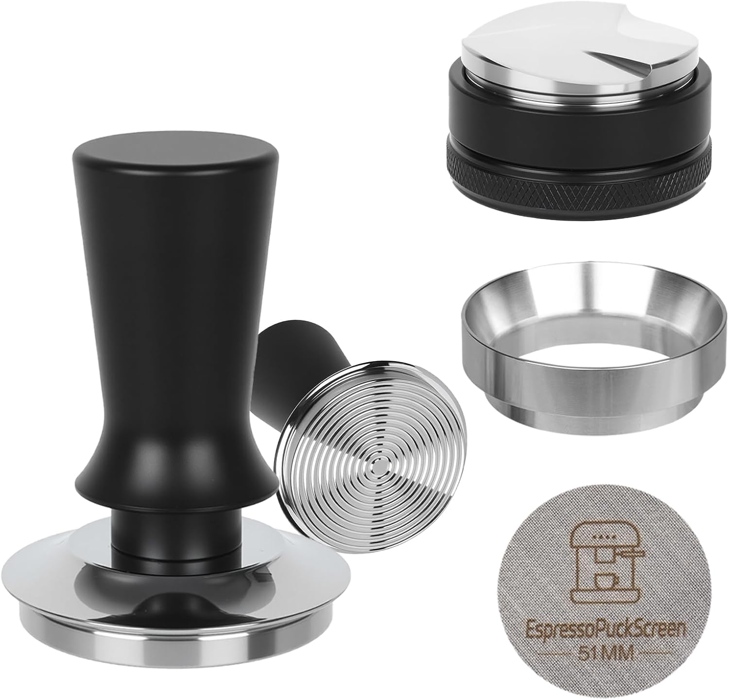 51mm Espresso Tamper Kit - Spring-loaded Coffee Tamper, Adjustable Depth Espresso Distributor Leveler, Magnetic Dosing Funnel Aluminum Metal, Reusable Puck Screen, Fit for 51mm Portafilters