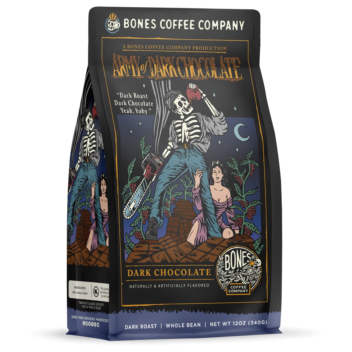 Bones Coffee Company Army Of Dark Chocolate Whole Coffee Beans, Low Acid Flavored Coffee Made with Arabica Coffee Beans, Dark Roast Coffee, Coffee Lover Gift Ideas (12 oz)